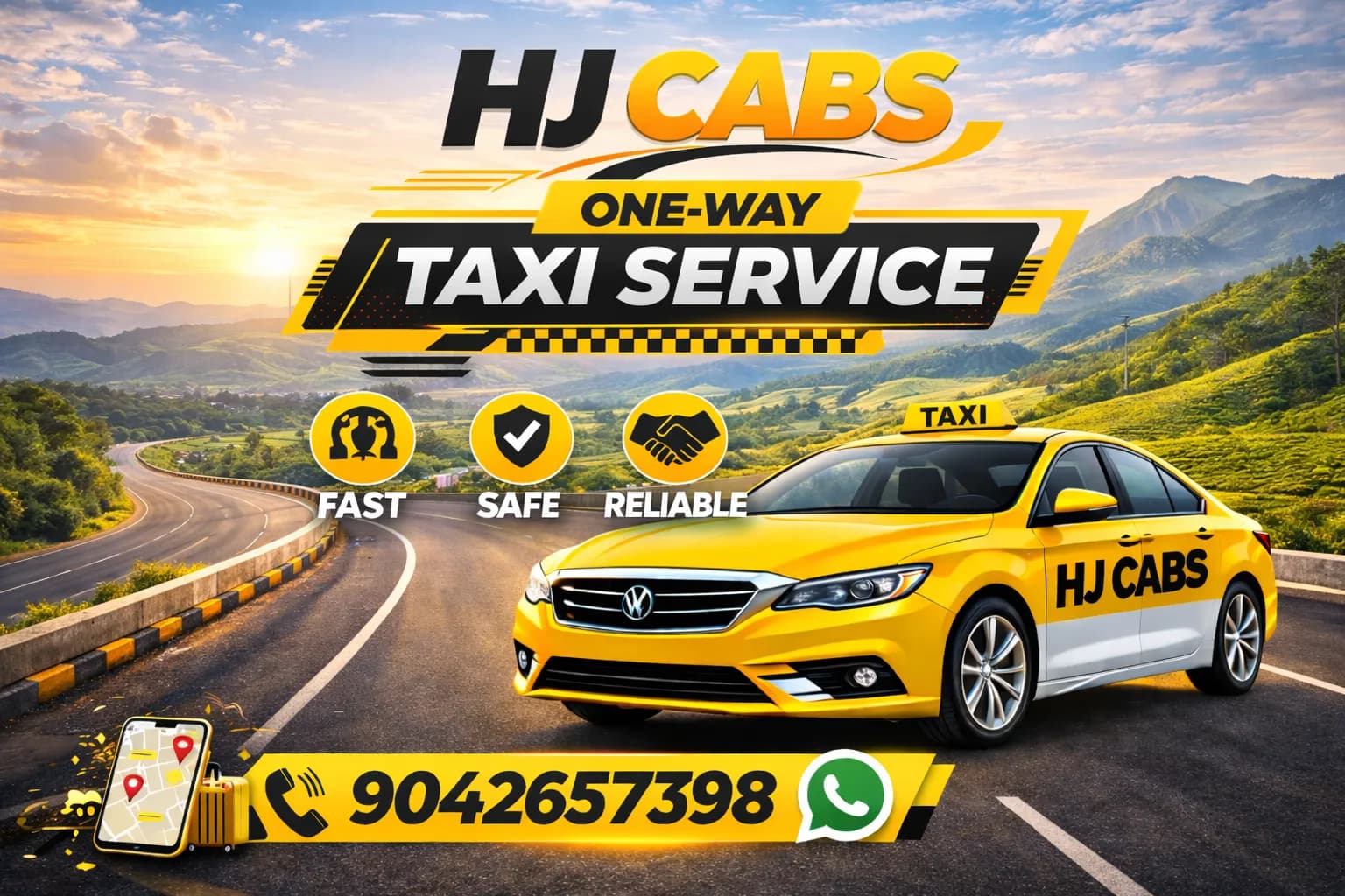 HJ Cabs one-way drop taxi loaded with luggage, ready for an outstation trip