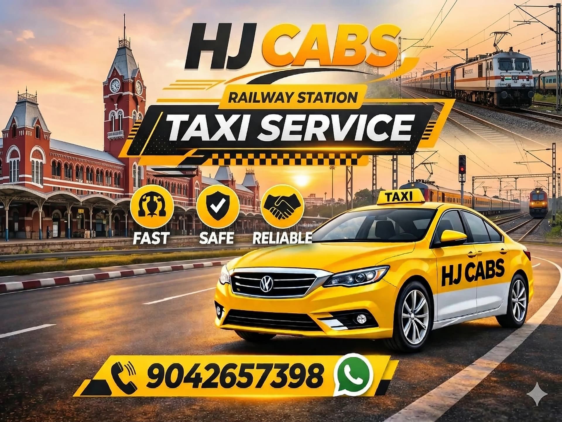 HJ Cabs taxi parked outside Chennai Central Railway Station, ready for pickup
